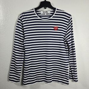 Comme des Garcons Play Striped Long Sleeve Tee Navy White Red Heart L